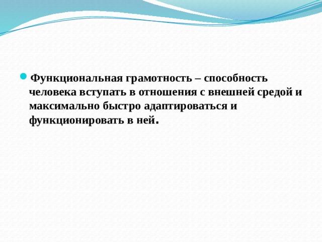 Функциональная грамотность – способность человека вступать в отношения с внешней средой и максимально быстро адаптироваться и функционировать в ней . 