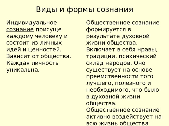Виды и формы сознания Индивидуальное сознание присуще каждому человеку и состоит из личных идей и ценносте й . Зависит от общества. Каждая личность уникальна. Общественное сознание формируется в результате духовной жизни общества. Включает в себя нравы, традиции, психический склад народов. Оно существует на основе преемственности того лучшего, полезного и необходимого, что было в духовной жизни общества. Общественное сознание активно воздействует на всю жизнь общества (прогрессивное и тормозящее воздействие) 
