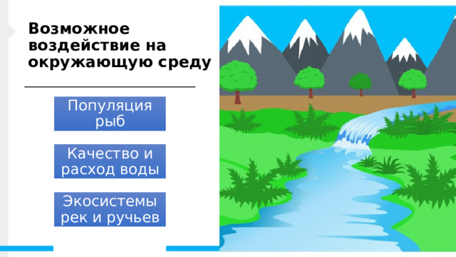 Возможное воздействие на окружающую среду Популяция рыб Качество и расход воды Гидроэлектростанция не производит загрязнения воздуха, потому что она не сжигает топливо, но гидроэлектростанция не лишена своих недостатков и влияет на окружающую среду другими способами. Рыбные популяции могут пострадать, если рыба не может мигрировать вверх по течению мимо плотин на водохранилище или если она не может мигрировать вниз по течению в океан. Проход рыбы вверх по течению может быть облегчен с помощью рыбных лестниц или лифтов, а также путем отлова и транспортировки рыбы вверх по течению на грузовике. В дополнение к значительной угрозе, которую плотины представляют для популяций рыб и экосистем рек и ручьев, гидроэнергетика может негативно влиять как на сток, так и на качество воды. Более низкие уровни кислорода в воде могут представлять угрозу для жизни животных и растений. Экосистемы рек и ручьев 14 