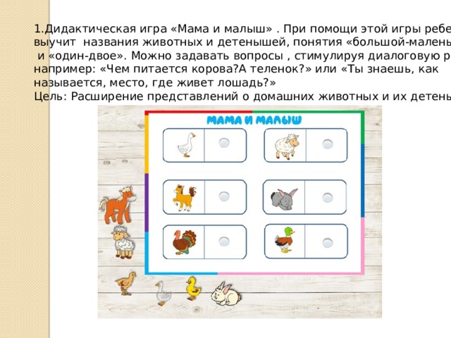 1.Дидактическая игра «Мама и малыш» . При помощи этой игры ребенок  выучит названия животных и детенышей, понятия «большой-маленький»  и «один-двое». Можно задавать вопросы , стимулируя диалоговую речь,  например: «Чем питается корова?А теленок?» или «Ты знаешь, как  называется, место, где живет лошадь?»  Цель: Расширение представлений о домашних животных и их детенышей.   