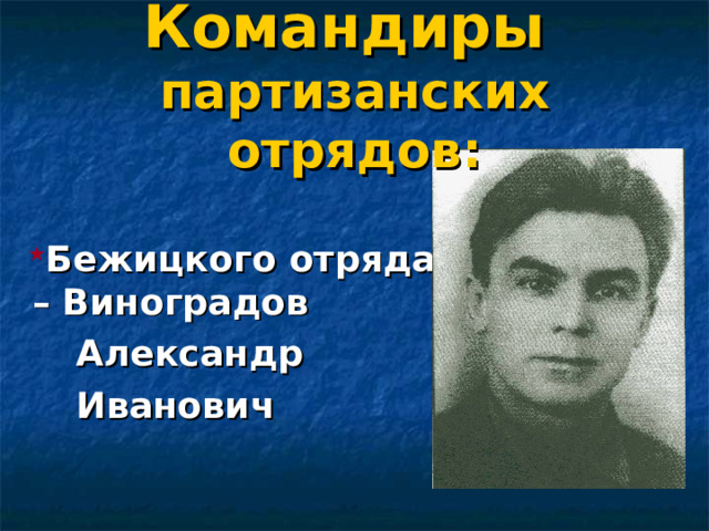 Командиры  партизанских отрядов: Бежицкого отряда – Виноградов  Александр  Иванович  