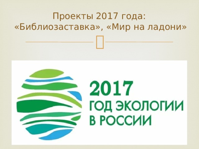 Проекты 2017 года:  «Библиозаставка», «Мир на ладони» 