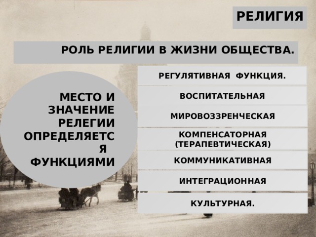 РЕЛИГИЯ РОЛЬ РЕЛИГИИ В ЖИЗНИ ОБЩЕСТВА.  РЕГУЛЯТИВНАЯ ФУНКЦИЯ. МЕСТО И ЗНАЧЕНИЕ РЕЛЕГИИ ОПРЕДЕЛЯЕТСЯ ФУНКЦИЯМИ ВОСПИТАТЕЛЬНАЯ МИРОВОЗЗРЕНЧЕСКАЯ КОМПЕНСАТОРНАЯ (ТЕРАПЕВТИЧЕСКАЯ) КОММУНИКАТИВНАЯ ИНТЕГРАЦИОННАЯ КУЛЬТУРНАЯ. 