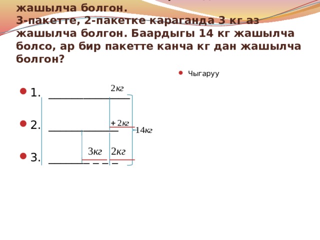    1-пакетте, 2-пакетке караганда 2 кг га көп жашылча болгон.  3-пакетте, 2-пакетке караганда 3 кг аз жашылча болгон. Баардыгы 14 кг жашылча болсо, ар бир пакетте канча кг дан жашылча болгон? Чыгаруу 1. ______________ 2. ____________ 3. _______ _ _ _ 