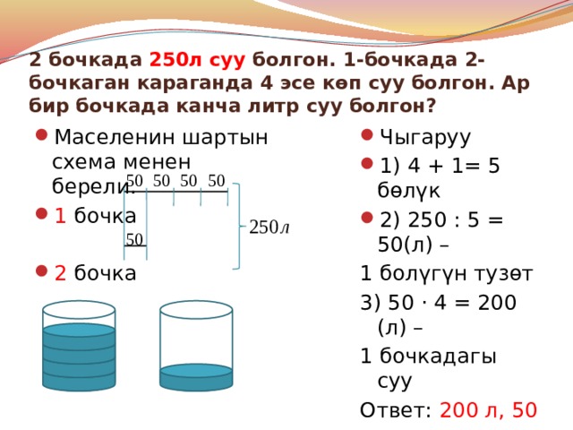 2 бочкада 250л суу болгон. 1-бочкада 2-бочкаган караганда 4 эсе көп суу болгон. Ар бир бочкада канча литр суу болгон? Чыгаруу 1) 4 + 1= 5 бөлүк 2) 250 : 5 = 50(л) – Маселенин шартын схема менен берели. 1 бочка 1 болүгүн тузөт 3) 50 · 4 = 200 (л) – 2 бочка 1 бочкадагы суу Ответ: 200 л, 50 л. 