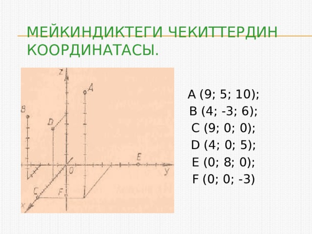 Мейкиндиктеги Чекиттердин координатасы. А (9; 5; 10); В (4; -3; 6); С (9; 0; 0); D (4; 0; 5); E (0; 8; 0); F (0; 0; -3) 