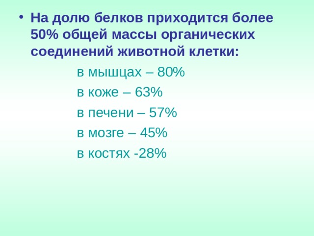 На долю белков приходится более 50% общей массы органических соединений животной клетки:  в мышцах – 80%  в коже – 63%  в печени – 57%  в мозге – 45%  в костях -28% 
