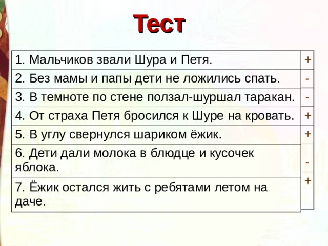 Тест 1. Мальчиков звали Шура и Петя. + - 2. Без мамы и папы дети не ложились спать. 3. В темноте по стене ползал-шуршал таракан. - 4. От страха Петя бросился к Шуре на кровать. + 5. В углу свернулся шариком ёжик. + 6. Дети дали молока в блюдце и кусочек яблока. - 7. Ёжик остался жить с ребятами летом на даче. + Дети выполняют тест в парах. Затем проверка на экране.  