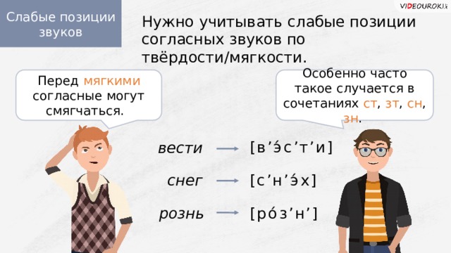 Слабые позиции звуков Нужно учитывать слабые позиции согласных звуков по твёрдости/мягкости. Особенно часто такое случается в сочетаниях ст , зт , сн , зн . Перед мягкими согласные могут смягчаться.  [в ’ э́с ’ т ’ и] вести [с ’ н ’ э́х] снег [ро́з ’ н ’ ] рознь  