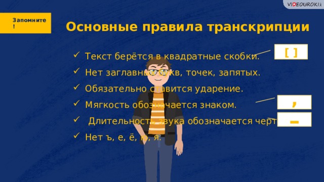 Запомните!  Основные правила транскрипции [ ] Текст берётся в квадратные скобки. Нет заглавных букв, точек, запятых. Обязательно ставится ударение. Мягкость обозначается знаком.  Длительность звука обозначается чертой. Нет ъ, е, ё, ю, я. ’ –  