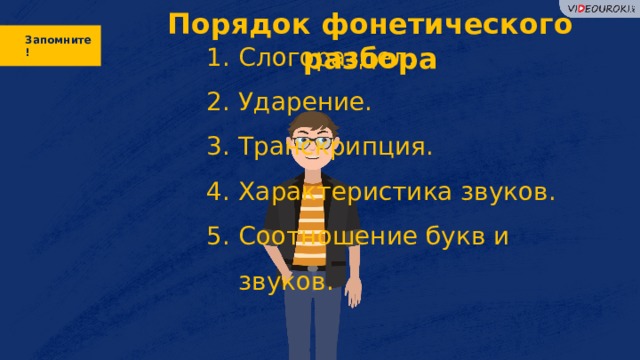  Порядок фонетического разбора Запомните! Слогораздел. Ударение. Транскрипция. Характеристика звуков. Соотношение букв и звуков.  