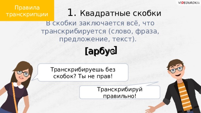 Правила транскрипции 1. Квадратные скобки В скобки заключается всё, что транскрибируется (слово, фраза, предложение, текст). арбус [ [ арбуз Транскрибируешь без скобок? Ты не прав! Транскрибируй правильно!  