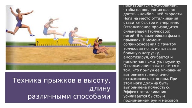 Разбег в прыжках производится с ускорением, чтобы на последних шагах достичь наибольшей скорости. Нога на место отталкивания ставится быстро и энергично. Отталкивание производится сильнейшей (толчковой) ногой. Это важнейшая фаза в прыжках. В момент соприкосновения с грунтом толчковая нога, испытывая большую нагрузку, амортизируя, сгибается и напоминает сжатую пружину. Отталкивание заключается в том, что прыгун ее мгновенно выпрямляет, энергично отталкиваясь от опоры. При этом нога должна быть выпрямлена полностью. Эффект отталкивания усиливается быстрым подниманием рук и маховой ноги.  Техника прыжков в высоту, длину различными способами 