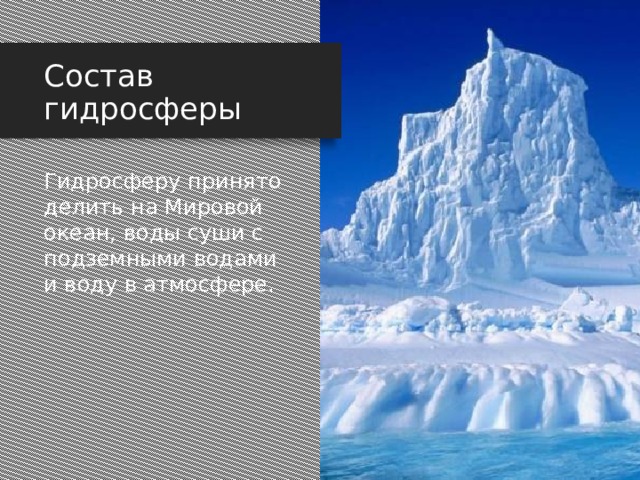 Состав гидросферы Гидросферу принято делить на Мировой океан, воды суши с подземными водами и воду в атмосфере. Гидросфера включает три главные составные части: Мировой океан, воды суши и воду в атмосфере.  