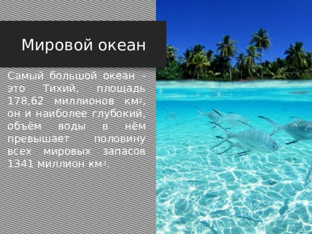 Мировой океан Самый большой океан – это Тихий, площадь 178,62 миллионов км 2 , он и наиболее глубокий, объём воды в нём превышает половину всех мировых запасов 1341 миллион км 3 . Самый большой океан – это Тихий. Площадь 178,62 миллионов квадратных километров, он и наиболее глубокий, объём воды в нём превышает половину всех мировых запасов 1341 миллион километров кубических.  