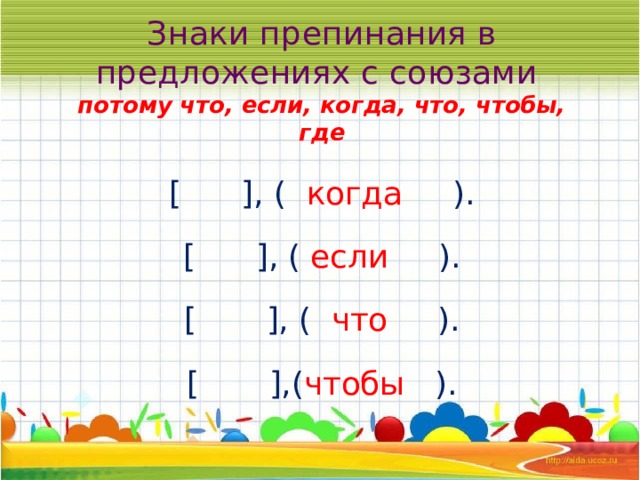 Знаки препинания в предложениях с союзами  потому что, если, когда, что, чтобы, где [ ], ( когда ). [ ], ( если ). [ ], ( что ). [ ],( чтобы ). 