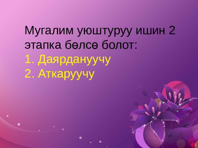 Мугалим уюштуруу ишин 2 этапка бөлсө болот:  1. Даярдануучу  2. Аткаруучу   