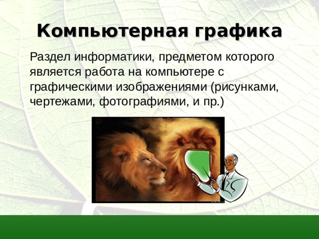 Компьютерная графика Раздел информатики, предметом которого является работа на компьютере с графическими изображениями (рисунками, чертежами, фотографиями, и пр.)  