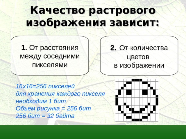 Качество растрового изображения зависит: 1. От расстояния между соседними пикселями 2.  От количества цветов в изображении 16x16=256 пикселей для хранения каждого пикселя необходим 1 бит Объем рисунка = 256 бит 256 бит = 32 байта  