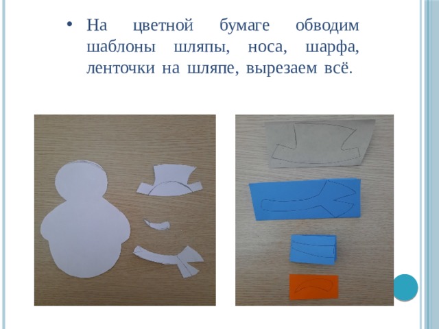 На цветной бумаге обводим шаблоны шляпы, носа, шарфа, ленточки на шляпе, вырезаем всё .   