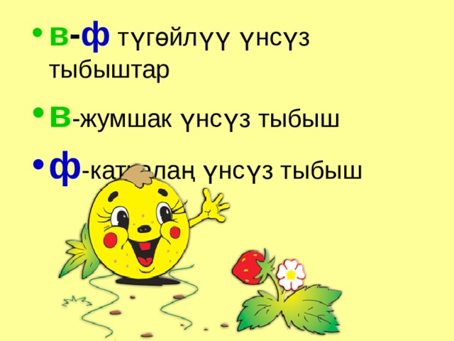 в - ф түгөйлүү үнсүз тыбыштар в -жумшак үнсүз тыбыш ф -каткалаң үнсүз тыбыш 