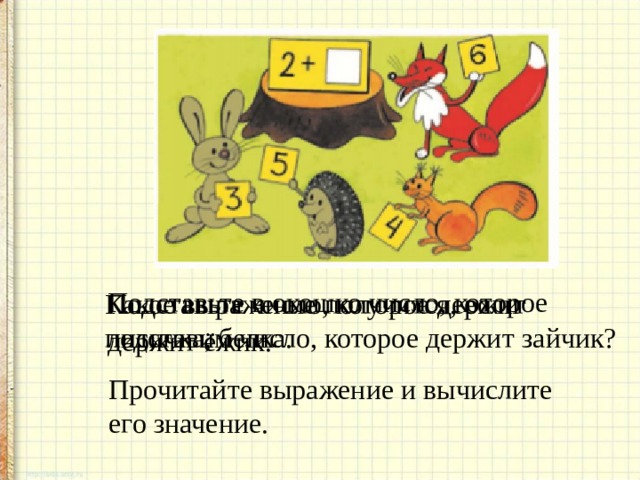 Подставьте в окошко число, которое держит ёжик. Какое выражение получится, если подставим число, которое держит зайчик? Подставьте число, которое держит лисичка, белка. Прочитайте выражение и вычислите его значение. 