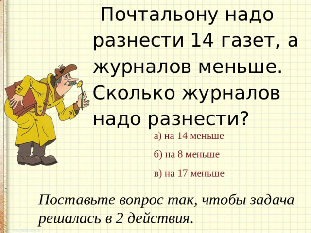Почтальону надо разнести 14 газет, а журналов меньше. Сколько журналов надо разнести? а) на 14 меньше б) на 8 меньше в) на 17 меньше Поставьте вопрос так, чтобы задача решалась в 2 действия. 