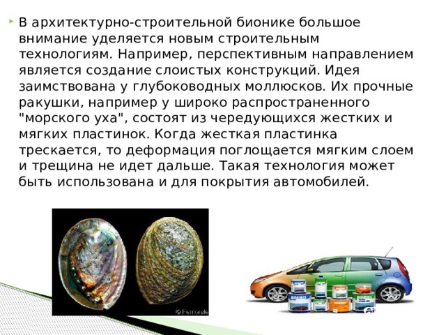 В архитектурно-строительной бионике большое внимание уделяется новым строительным технологиям. Например, перспективным направлением является создание слоистых конструкций. Идея заимствована у глубоководных моллюсков. Их прочные ракушки, например у широко распространенного 