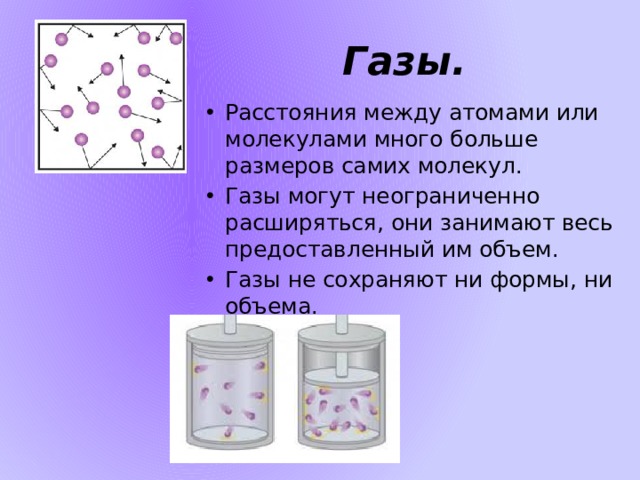 Газы. Расстояния между атомами или молекулами много больше размеров самих молекул. Газы могут неограниченно расширяться, они занимают весь предоставленный им объем. Газы не сохраняют ни формы, ни объема. 