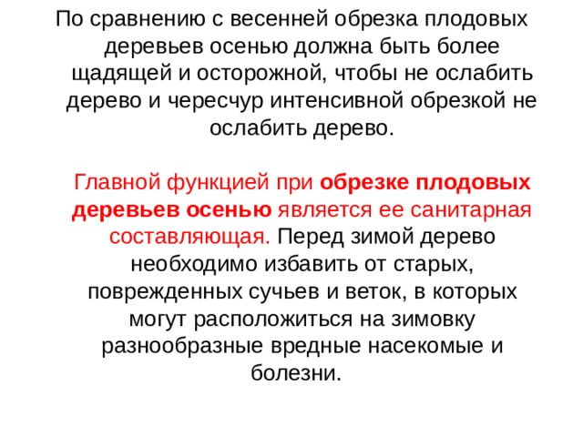 По сравнению с весенней обрезка плодовых деревьев осенью должна быть более щадящей и осторожной, чтобы не ослабить дерево и чересчур интенсивной обрезкой не ослабить дерево.   Главной функцией при  обрезке плодовых деревьев осенью  является ее санитарная составляющая. Перед зимой дерево необходимо избавить от старых, поврежденных сучьев и веток, в которых могут расположиться на зимовку разнообразные вредные насекомые и болезни.  