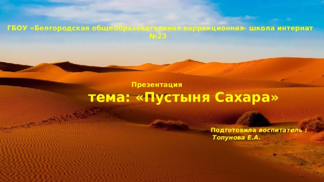  ГБОУ «Белгородская общеобразовательная коррекционная- школа интернат №23        Презентация  тема: «Пустыня Сахара»      Подготовила воспитатель :  Топунова Е.А. 