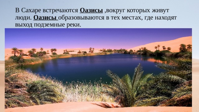 В Сахаре встречаются Оазисы ,вокруг которых живут люди. Оазисы образовываются в тех местах, где находят выход подземные реки. 