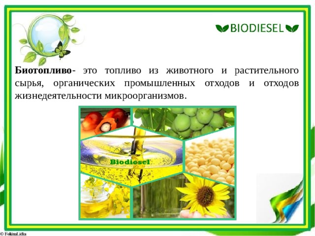 Биотопливо - это топливо из животного и растительного сырья, органических промышленных отходов и отходов жизнедеятельности микроорганизмов. 