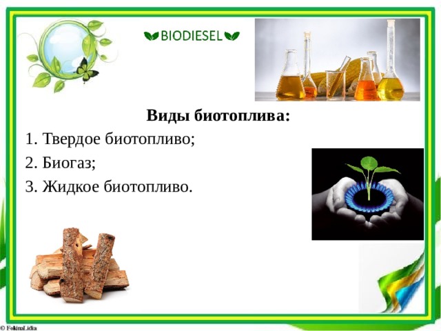 Виды биотоплива: 1. Твердое биотопливо; 2. Биогаз; 3. Жидкое биотопливо. 