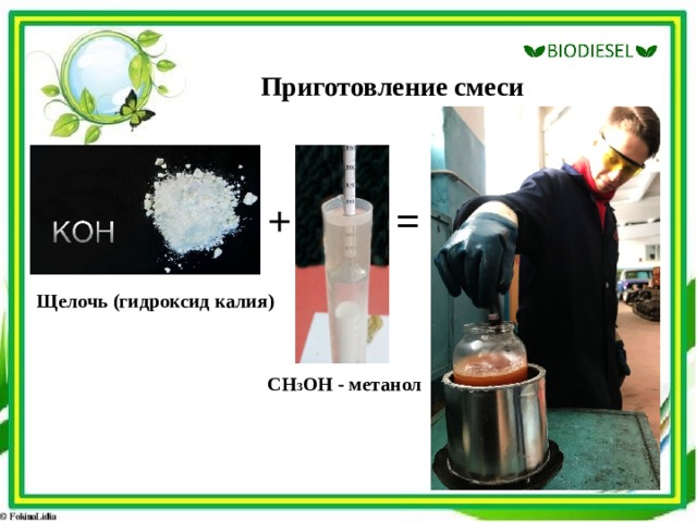 Приготовление смеси + = Щелочь (гидроксид калия) СН 3 ОН - метанол 