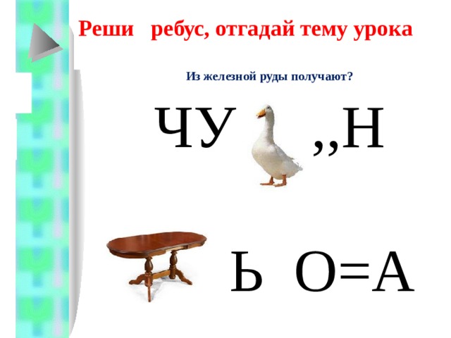 Реши ребус, отгадай тему урока Из железной руды получают? ЧУ ,,Н  Ь О=А ,, ,, 