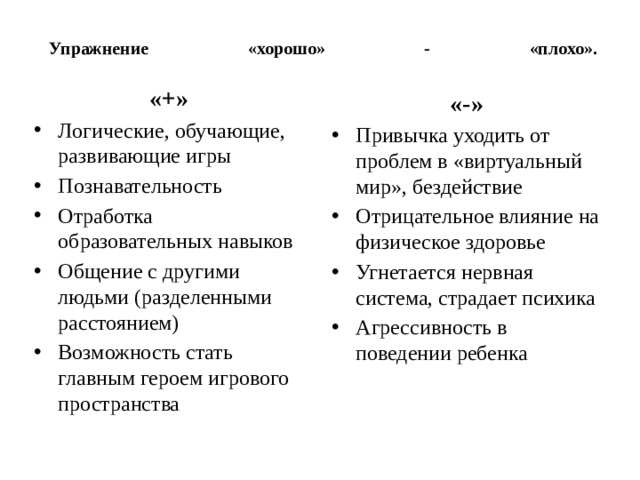Упражнение «хорошо» - «плохо».   «+» Логические, обучающие, развивающие игры Познавательность Отработка образовательных навыков Общение с другими людьми (разделенными расстоянием) Возможность стать главным героем игрового пространства «-» Привычка уходить от проблем в «виртуальный мир», бездействие Отрицательное влияние на физическое здоровье Угнетается нервная система, страдает психика Агрессивность в поведении ребенка 
