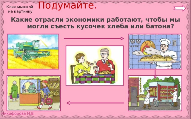  Подумайте. Клик мышкой на картинку Какие отрасли экономики работают, чтобы мы могли съесть кусочек хлеба или батона? 