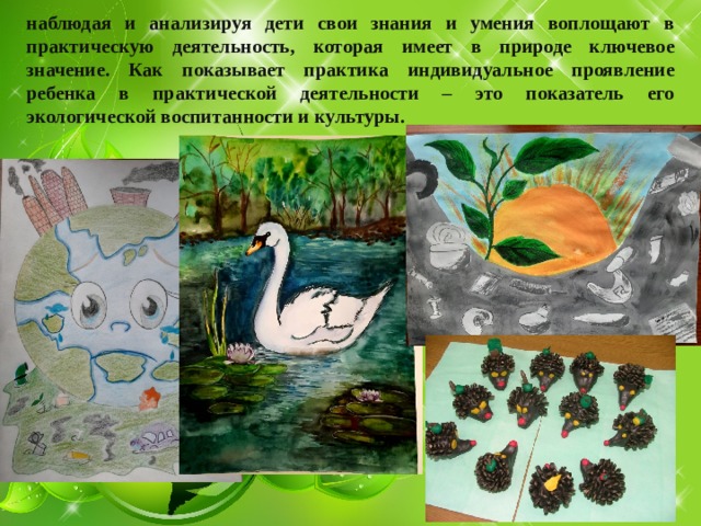 наблюдая и анализируя дети свои знания и умения воплощают в практическую деятельность, которая имеет в природе ключевое значение. Как показывает практика индивидуальное проявление ребенка в практической деятельности – это показатель его экологической воспитанности и культуры. 