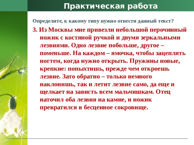 Практическая работа Определите, к какому типу нужно отнести данный текст? 3. Из Москвы мне привезли небольшой перочинный ножик с костяной ручкой и двумя зеркальными лезвиями. Одно лезвие побольше, другое – поменьше. На каждом – ямочка, чтобы зацеплять ногтем, когда нужно открыть. Пружины новые, крепкие: попыхтишь, прежде чем откроешь лезвие. Зато обратно – только немного наклонишь, так и летит лезвие само, да еще и щелкает на зависть всем мальчишкам. Отец наточил оба лезвия на камне, и ножик превратился в бесценное сокровище. 