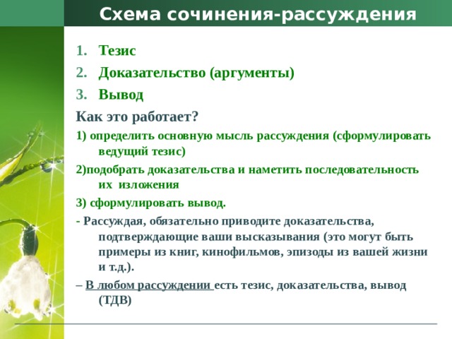 Схема сочинения-рассуждения Тезис Доказательство (аргументы) Вывод Как это работает? 1) определить основную мысль рассуждения (сформулировать ведущий тезис) 2)подобрать доказательства и наметить последовательность их  изложения 3) сформулировать вывод. - Рассуждая, обязательно приводите доказательства, подтверждающие ваши высказывания (это могут быть примеры из книг, кинофильмов, эпизоды из вашей жизни и т.д.). – В любом рассуждении есть тезис, доказательства, вывод (ТДВ) 