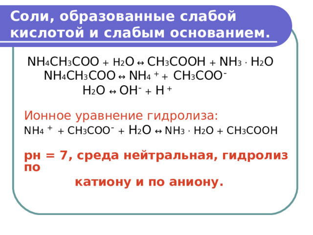 Соли, образованные слабой кислотой и слабым основанием.  NH 4 СН 3 СОО  + H 2 O  ↔  СН 3 СООН  + NH 3  · H 2 О   NH 4 СН 3 СОО  ↔  NH 4 + +   СН 3 СОО ¯  Н 2 О  ↔ OH ¯ + H + Ионное уравнение гидролиза: NH 4  + + СН 3 СОО ¯  +  Н 2 О  ↔  NH 3  · H 2 О  + СН 3 СООН  рн = 7, среда нейтральная, гидролиз по  катиону и по аниону. 