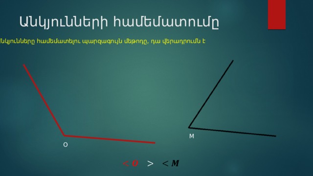 Անկյունների համեմատումը Անկյունները համեմատելու պարզագույն մեթոդը, դա վերադրումն է M O   