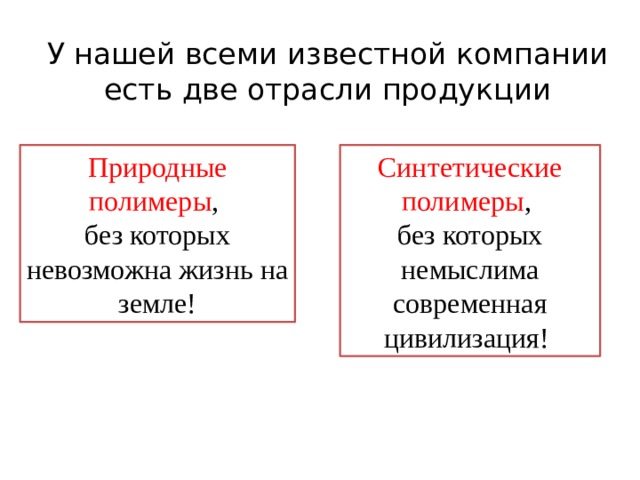 У нашей всеми известной компании есть две отрасли продукции Природные полимеры , Синтетические полимеры , без которых невозможна жизнь на земле! без которых немыслима современная цивилизация! 
