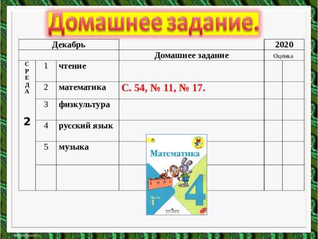 Декабрь   С Р Е Д А    2 1   Домашнее задание чтение  2020 2 Оценка   математика 3   С. 54, № 11, № 17. 4 физкультура      русский язык  5   музыка                        