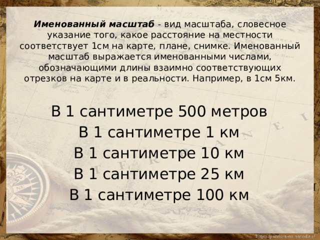 Именованный масштаб  -  вид масштаба, словесное указание того, какое расстояние на местности соответствует 1см на карте, плане, снимке. Именованный масштаб выражается именованными числами, обозначающими длины взаимно соответствующих отрезков на карте и в реальности. Например, в 1см 5км.      В 1 сантиметре 500 метров  В 1 сантиметре 1 км  В 1 сантиметре 10 км  В 1 сантиметре 25 км  В 1 сантиметре 100 км  