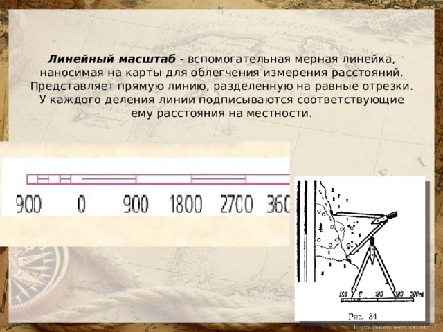 Линейный масштаб  -  вспомогательная мерная линейка, наносимая на карты для облегчения измерения расстояний. Представляет прямую линию, разделенную на равные отрезки. У каждого деления линии подписываются соответствующие ему расстояния на местности.    