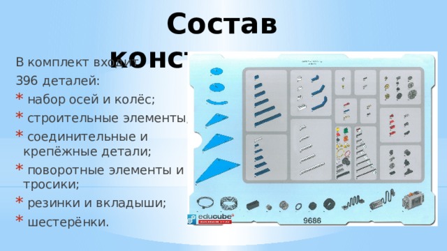 Состав конструктора В комплект входит 396 деталей:   набор осей и колёс;   строительные элементы;   соединительные и крепёжные детали;   поворотные элементы и тросики;   резинки и вкладыши;   шестерёнки. 