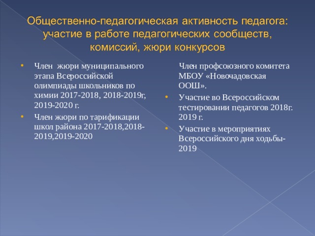 Член жюри муниципального этапа Всероссийской олимпиады школьников по химии 2017-2018, 2018-2019г, 2019-2020 г. Член жюри по тарификации школ района 2017-2018,2018-2019,2019-2020    Член профсоюзного комитета МБОУ «Новочадовская ООШ». Участие во Всероссийском тестировании педагогов 2018г. 2019 г. Участие в мероприятиях Всероссийского дня ходьбы-2019  