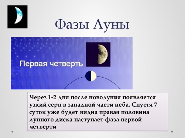Фазы Луны Через 1-2 дня после новолуния появляется узкий серп в западной части неба. Спустя 7 суток уже будет видна правая половина лунного диска наступает фаза первой четверти 